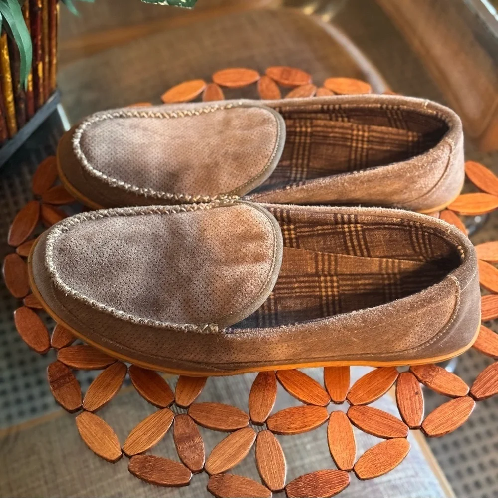 L.L. BEAN  Perforated Brown Suede Flannel Lined Camo Sole Mountain Slippers 14M